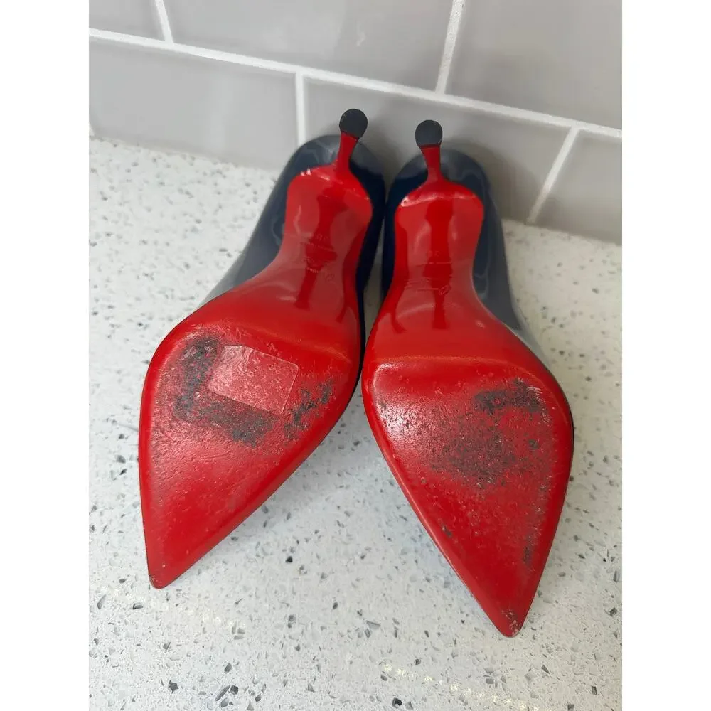 Christian Louboutin Navy Patent Leather Pointed-Toe Pumps - Size 38 (So Kate)